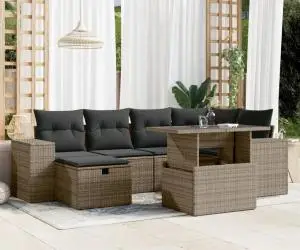 vidaXL Set canapele de grădină, 7 piese, cu perne, gri, poliratan