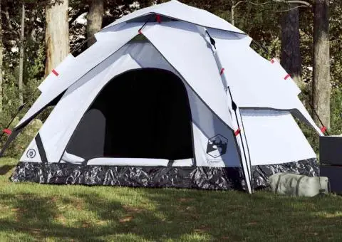 Cort de camping 5 persoane, alb opac, setare rapidă, țesătură - 1/5