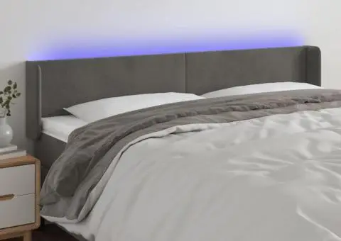 Tăblie de pat cu LED, gri închis, 163x16x78/88 cm, catifea - 1/5