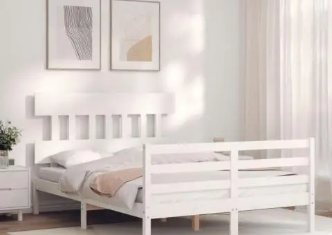 Cadru de pat cu tăblie dublu mic, lemn masiv - 3/5