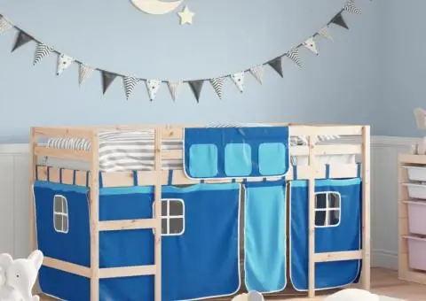 Pat etajat de copii cu perdele, blå, 80x200 cm, lemn masiv pin - 1/5