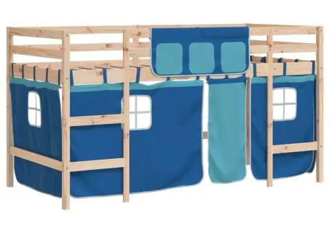 Pat etajat de copii cu perdele, blå, 80x200 cm, lemn masiv pin - 2/5