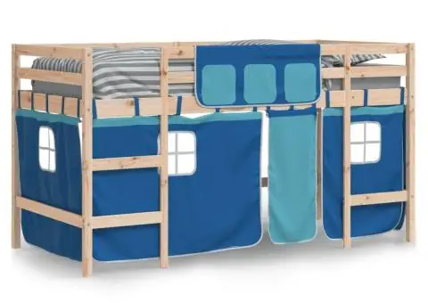 Pat etajat de copii cu perdele, blå, 80x200 cm, lemn masiv pin - 3/5