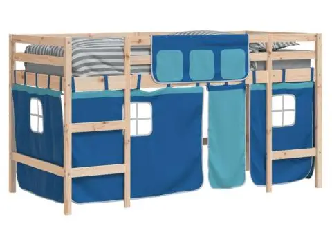 Pat etajat de copii cu perdele, blå, 80x200 cm, lemn masiv pin - 4/5