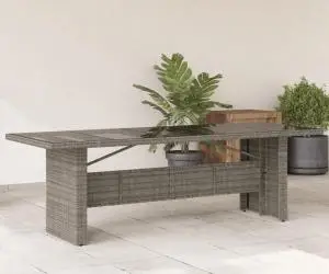 vidaXL Masă de grădină, blat din sticlă, gri, 240x90x75 cm, poliratan
