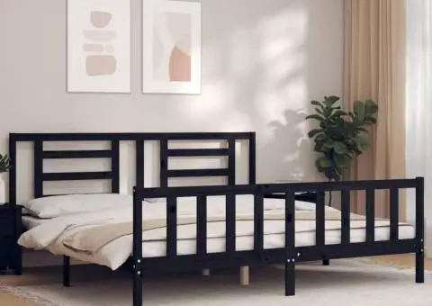 Cadru de pat cu tăblie Super King Size, negru, lemn masiv - 1/5