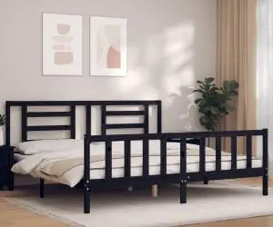 vidaXL Cadru de pat cu tăblie Super King Size, negru, lemn masiv