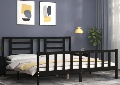 Cadru de pat cu tăblie Super King Size, negru, lemn masiv - 3/5