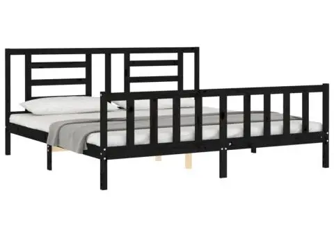 Cadru de pat cu tăblie Super King Size, negru, lemn masiv - 4/5