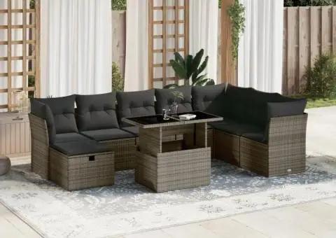 Set canapele de grădină, 9 piese, cu perne, gri, poliratan - 1/5