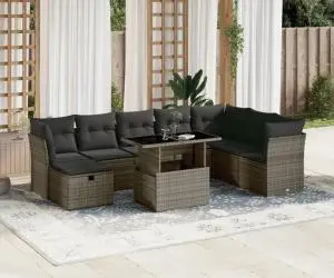 vidaXL Set canapele de grădină, 9 piese, cu perne, gri, poliratan