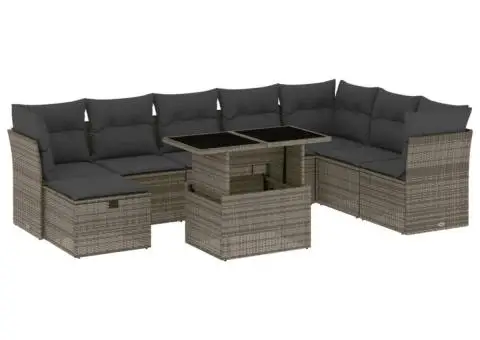 Set canapele de grădină, 9 piese, cu perne, gri, poliratan - 2/5