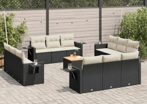 Set mobilier de grădină cu perne, 13 piese, negru, poliratan - 1/3