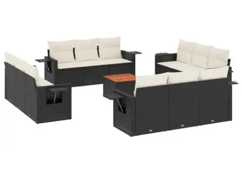 Set mobilier de grădină cu perne, 13 piese, negru, poliratan - 2/3