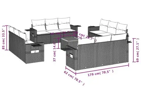 Set mobilier de grădină cu perne, 13 piese, negru, poliratan - 3/3