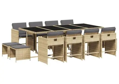 Set mobilier grădină cu perne, 13 piese, bej combinat poliratan - 2/5