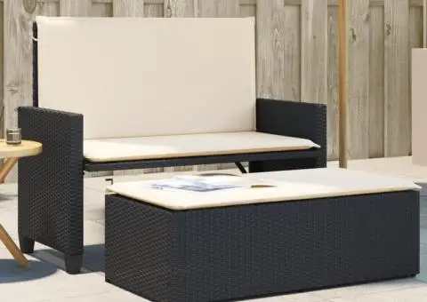 Bancă de grădină cu perne și taburet, negru, poliratan - 1/5