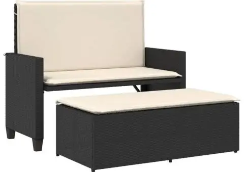 Bancă de grădină cu perne și taburet, negru, poliratan - 2/5