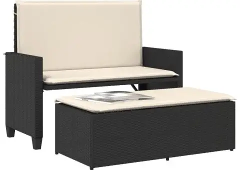 Bancă de grădină cu perne și taburet, negru, poliratan - 4/5