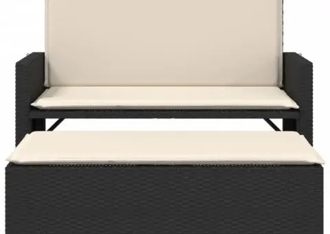 Bancă de grădină cu perne și taburet, negru, poliratan - 5/5