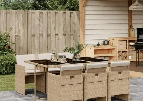 Set de masă pentru grădină, 7 piese, cu perne, bej, poliratan - 1/5