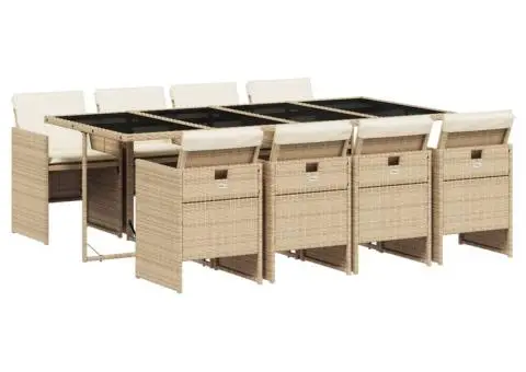 Set de masă pentru grădină, 9 piese, cu perne, bej, poliratan - 2/5