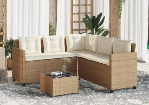 Canapea de grădină cu masă/perne, formă de L, poliratan bej - 3/5