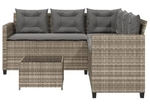 Canapea de grădină cu masă/perne, formă de L, poliratan gri - 4/5