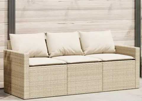 Canapea de grădină cu perne, 3 locuri, bej, poliratan - 1/5