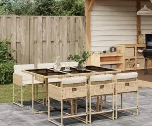 vidaXL Set de masă pentru grădină, 7 piese, cu perne, bej, poliratan