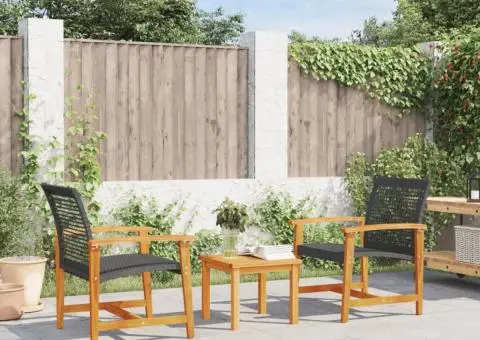 Scaune de grădină, 2 buc., negru, poliratan și lemn de acacia - 1/5