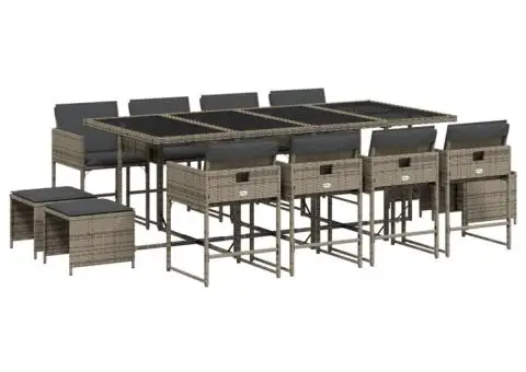 Set mobilier de grădină cu perne, 13 piese, gri, poliratan - 2/5