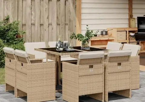 Set de masă pentru grădină, 9 piese, cu perne, bej, poliratan - 1/5