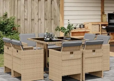 Set de masă pentru grădină, 9 piese, cu perne, bej, poliratan - 1/5