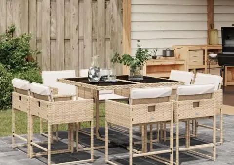 Set de masă pentru grădină, 9 piese, cu perne, bej, poliratan - 1/5