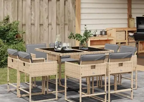 Set de masă pentru grădină, 9 piese, cu perne, bej, poliratan - 1/5