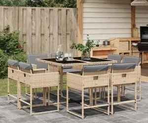 vidaXL Set de masă pentru grădină, 9 piese, cu perne, bej, poliratan