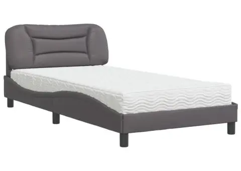 Pat cu saltea, gri, 100x200 cm, piele ecologică - 2/5