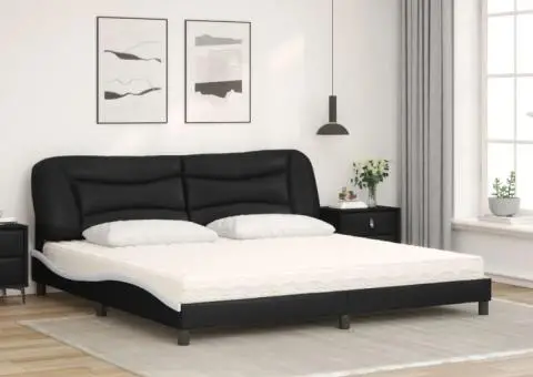 Pat cu saltea, negru și alb, 200x200 cm, piele ecologică - 3/5