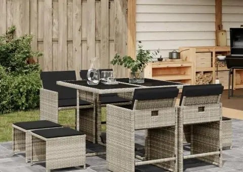 Set mobilier grădină cu perne, 9 piese, gri deschis, poliratan - 1/5