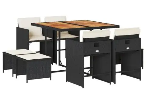 Set mobilier de grădină cu perne, 9 piese, negru, poliratan - 2/5