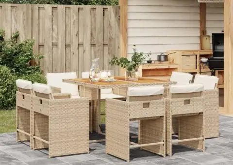 Set de masă pentru grădină, 9 piese, cu perne, bej, poliratan - 1/5