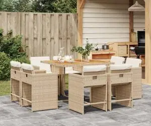 vidaXL Set de masă pentru grădină, 9 piese, cu perne, bej, poliratan