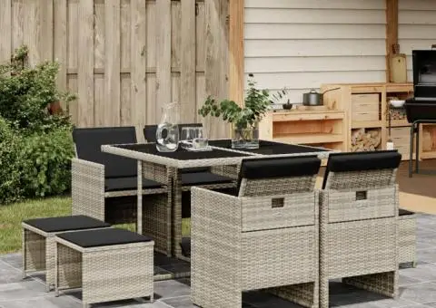 Set mobilier grădină cu perne, 9 piese, gri deschis, poliratan - 1/5