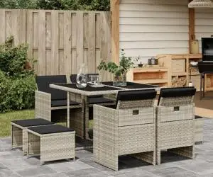 vidaXL Set mobilier grădină cu perne, 9 piese, gri deschis, poliratan