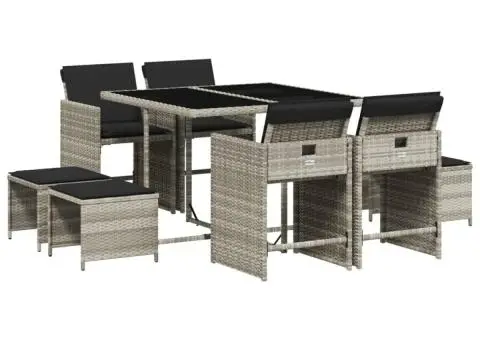 Set mobilier grădină cu perne, 9 piese, gri deschis, poliratan - 2/5
