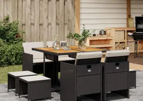 Set mobilier de grădină cu perne, 9 piese, negru, poliratan - 1/5