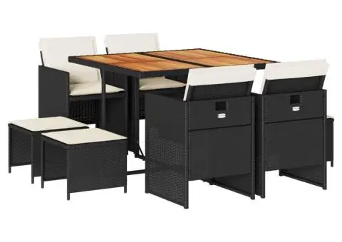 Set mobilier de grădină cu perne, 9 piese, negru, poliratan - 2/5