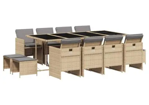 Set mobilier grădină cu perne, 13 piese, bej combinat poliratan - 2/5