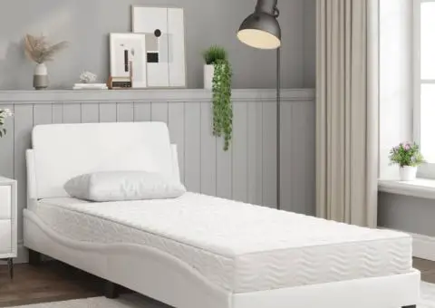 Pat cu saltea, alb, 90x200 cm, piele ecologică - 3/5